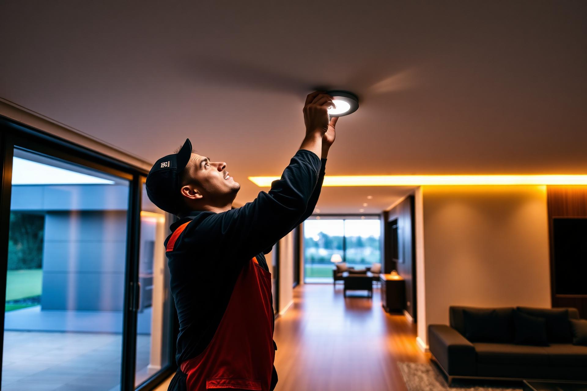 Electrician installing luxury downlights in a modern Brisbane home